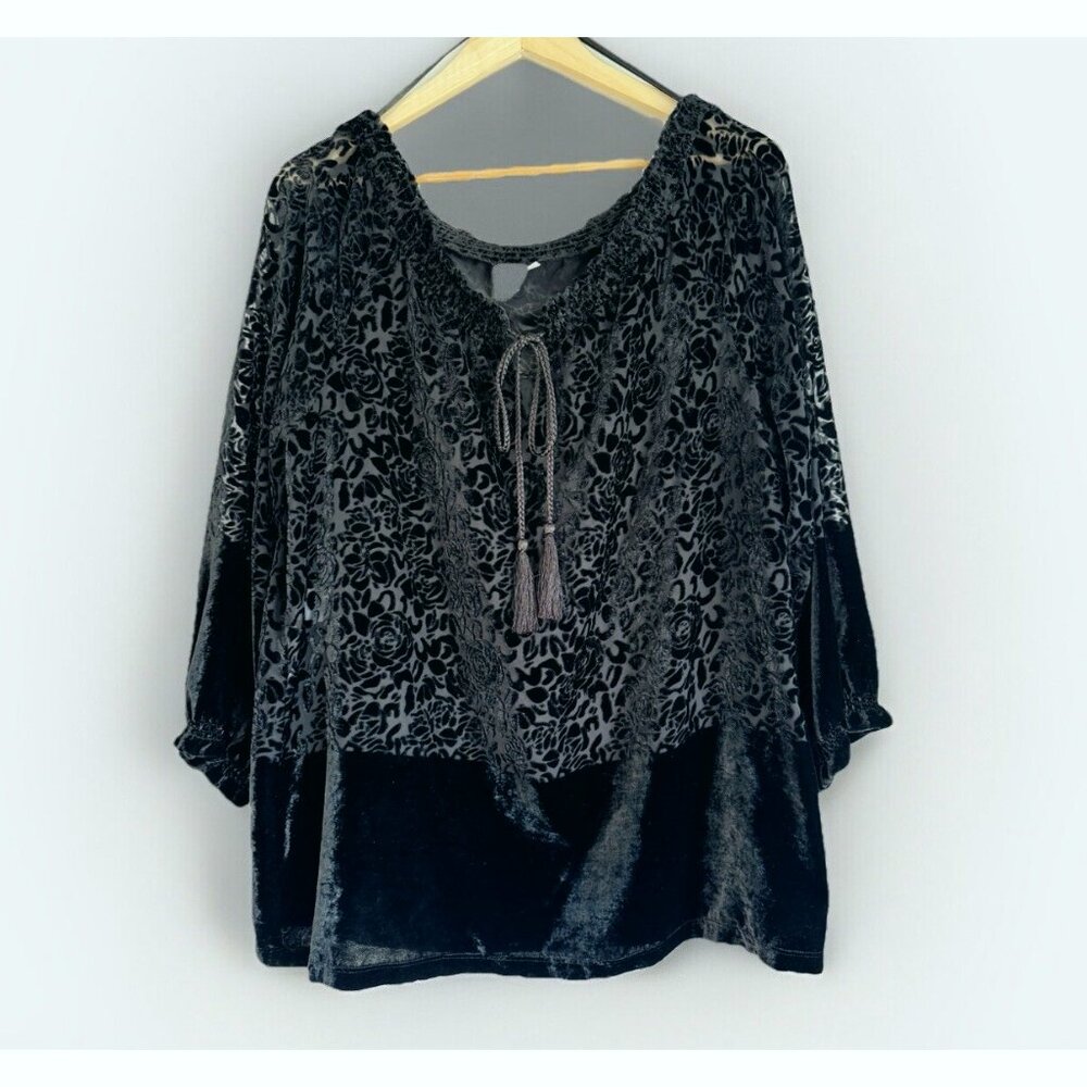 Jones New York Black Velvet Burnout Peasant Top Women’s Medium Floral Sheer